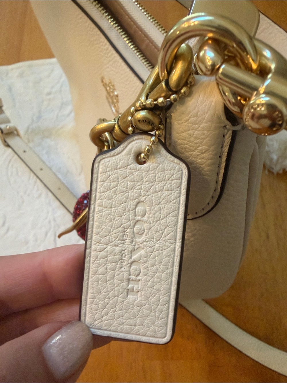 Coach Chalk Pebble Leather Shoulder Bag with Red Cherry Charm - Picture 4 of 11
